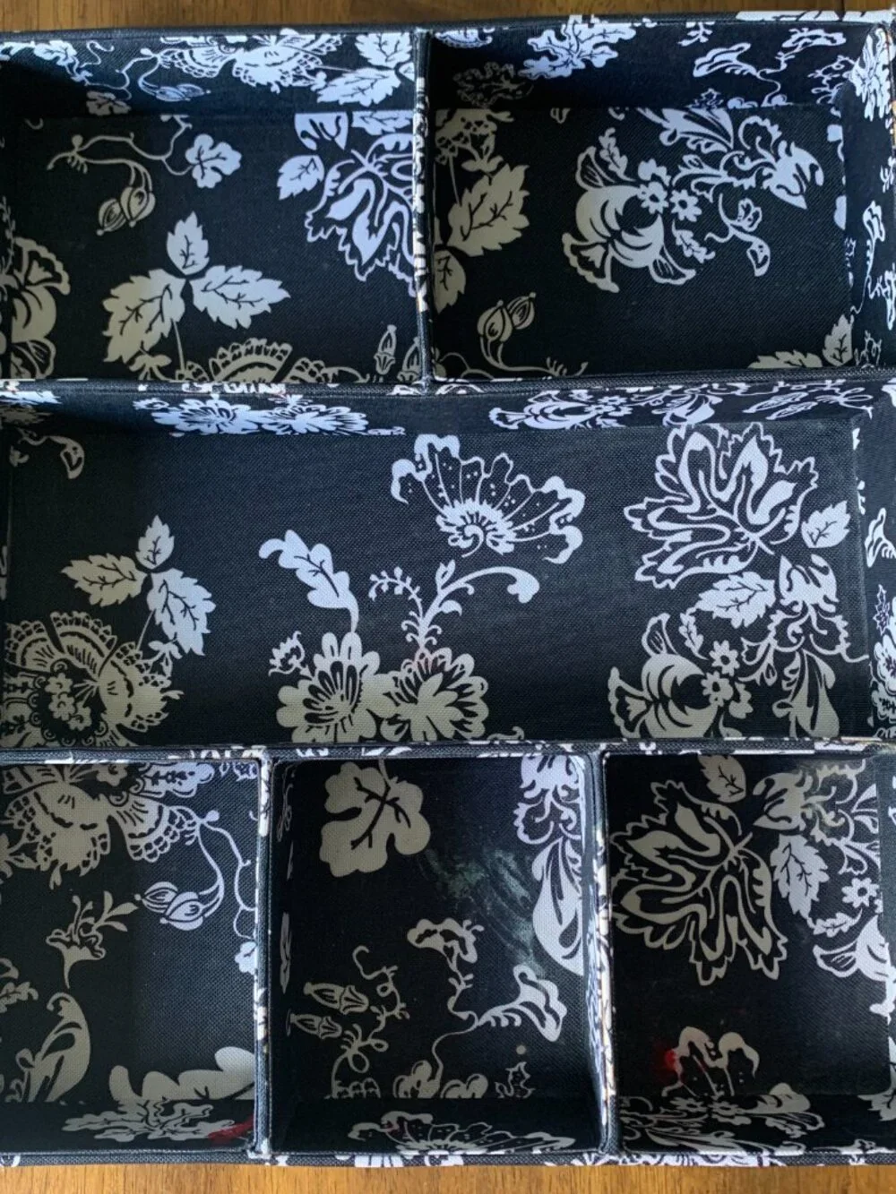 Black and White Floral Drawer Organizer Insert 6 Compartment Vanity Tray 15x15
